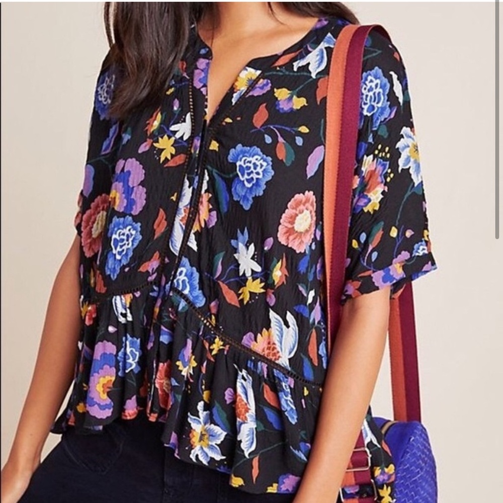 Anthropologie Black & Multicolored Floral Design Josie Dolman-Sleeved Top